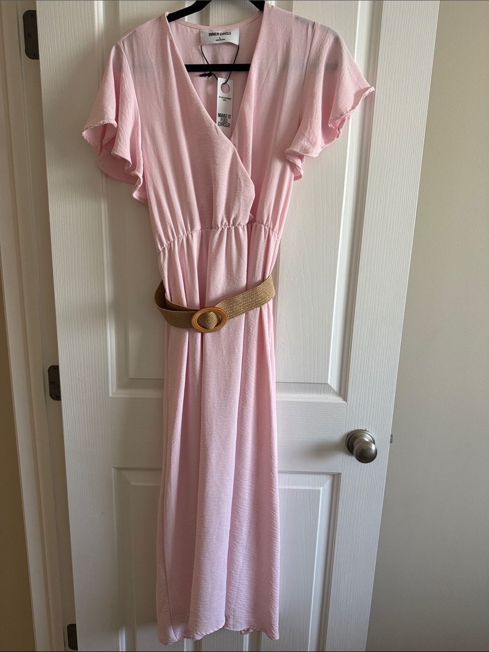 Blush Pink Wrap Midi Dress with Woven Tan stretch belt & soft flowy material